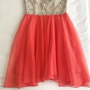 Short cream/coral, sequin/lace/tulle Dress